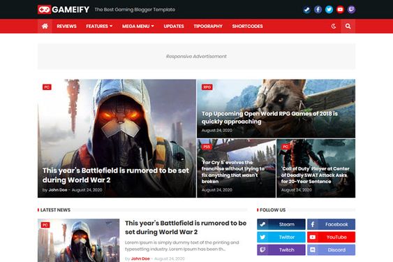 Gameify Blog & Magazine Gaming Blogger Template Free Download